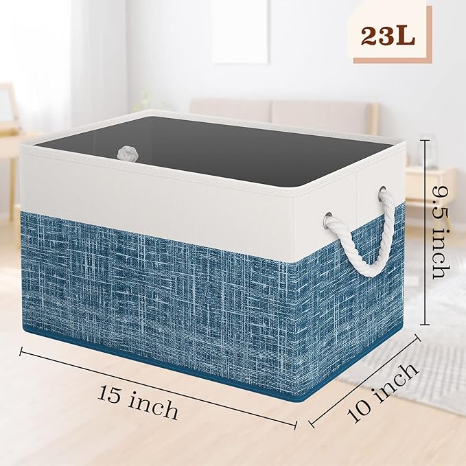 Storage Bin,Collapsible Storage Basket For Organizing,Large Storage Boxes With Rope Handles,Storage Containers,White & Blue,2 Pack - Image 2