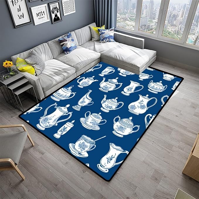 Broadloom - Cups and Teapots Pattern Printing Lightweight Area Rugs Fade Resistant, Flame Resistant, Quick Dry, Stain Resistant, Waterproof Floor Carpet for Living Room Bedroom, 78 x 120 Inch - Image 2