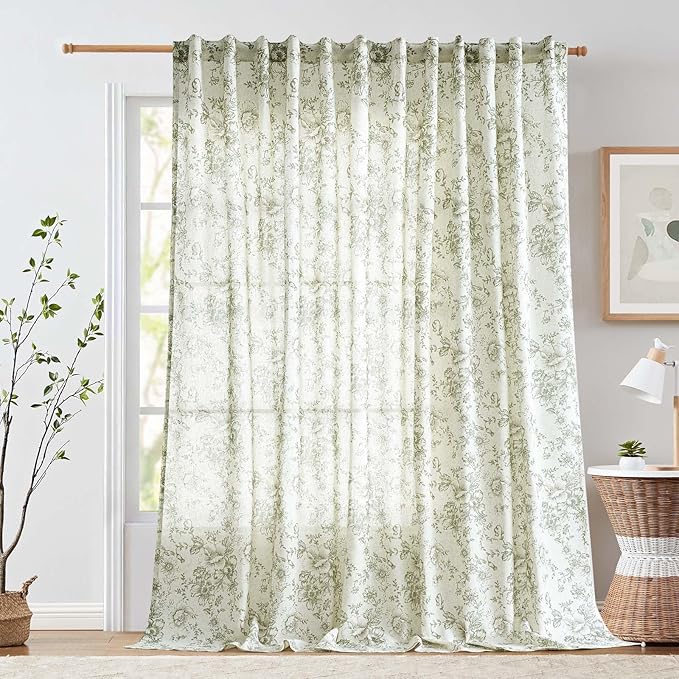 jinchan Linen Floral Curtains 100 Inch Extra Wide for Patio Sliding Glass Door Room Divider Curtain for Living Room 108 Inch Length Farmhouse Peony Green Printed Curtain Set 1 Panel by JINCHAN