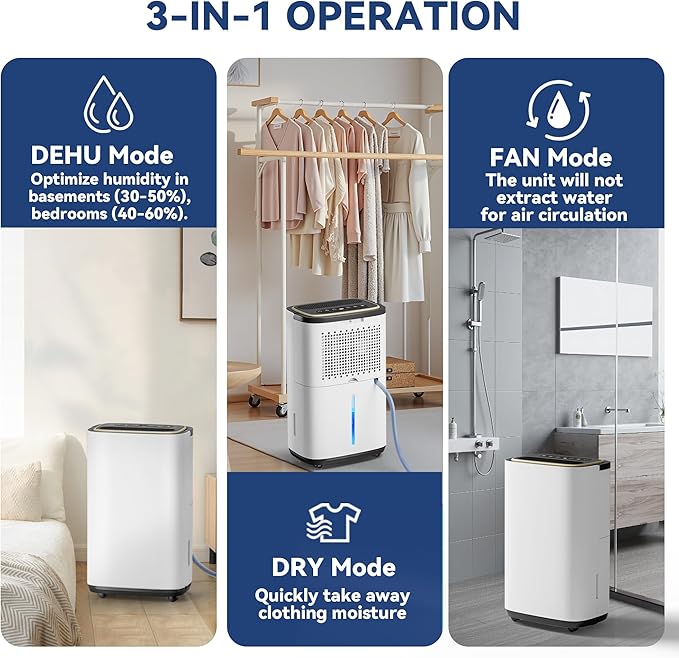 3000 Sq.Ft Dehumidifier for Basement with Drain Hose, 30 Pint Large Best Compressor Dehumidifiers for Home or Garage, Smart Humidity Control, 24H Timer & Child Lock, Ideal for Large Rooms, Garage - Image 4