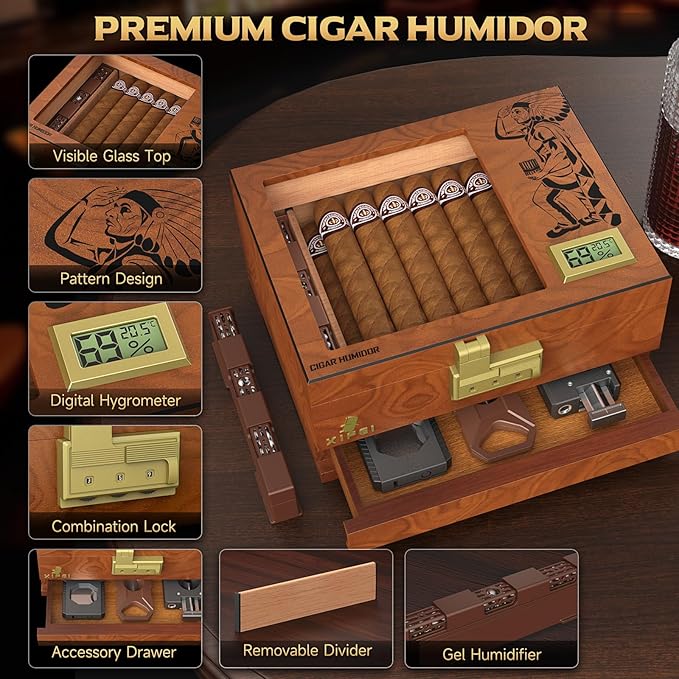 XIFEI Cigar Humidor Box, Cedar Wood Desktop Cigar Case with Digital Hygrometer, Humidifier, Divider, Accessories Drawer and Combination Lock, Glass Top Humidors Gift for Men (Brown) - Image 2