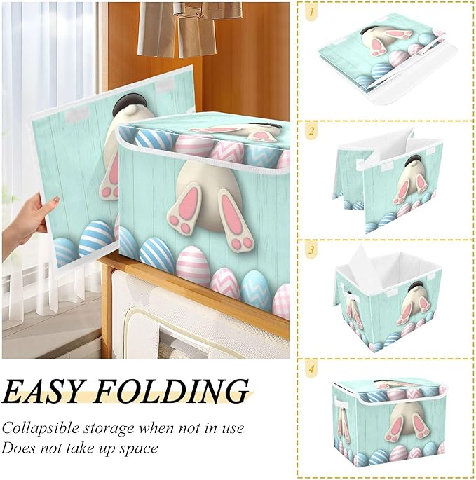 xigua Easter Bunny Storage Bins with Lids and Carrying Handle,Foldable Storage Boxes Organizer Containers Baskets Cube with Cover for Home Bedroom Closet Office - Image 4