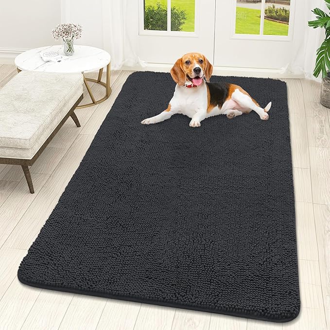 OLANLY Dog Door Mat for Muddy Paws 59x32, Absorbs Moisture and Dirt, Absorbent Non-Slip Washable Doormat, Quick Dry Chenille Mud Mat for Dogs, Entry Indoor Entryway Carpet for Inside Floor, Dark Grey by OLANLY