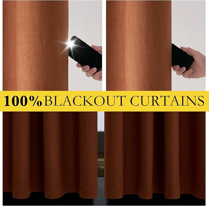 NICETOWN 100% Absolutely Blackout Linen Curtains with Thermal Insulated Liner, Terracotta, 52" Wide, 2 Panels, 84 inches Long Drapes, Grommet Retro Linen Curtains Vertical Drapes Privacy for Bedroom - Image 2