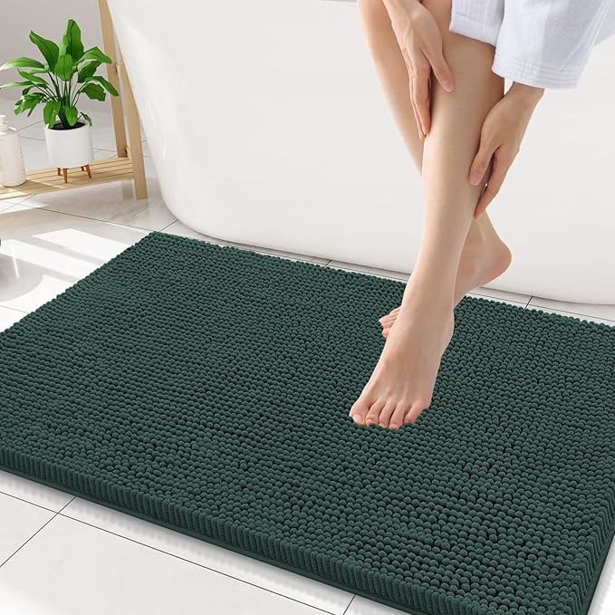 Smiry Luxury Chenille Bathroom Rugs 34x21, Extra Soft and Absorbent Shaggy Bath Mat, Machine Washable, Non-Slip Plush Carpet Runner for Tub, Shower, and Floor, Home Decor Accessories, Green by Smiry