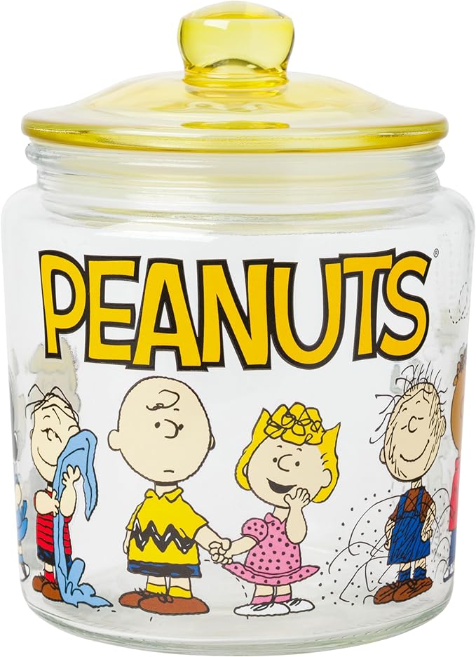 Silver Buffalo Peanuts Squad Featuring Charlie Brown, Snoopy, Schroeder, Lucy, Linus, Sally, Pigpen, Woodstock, and Franklin Glass Cookie Snack Candy Jar with Lid (Small) by SilverBuffalo