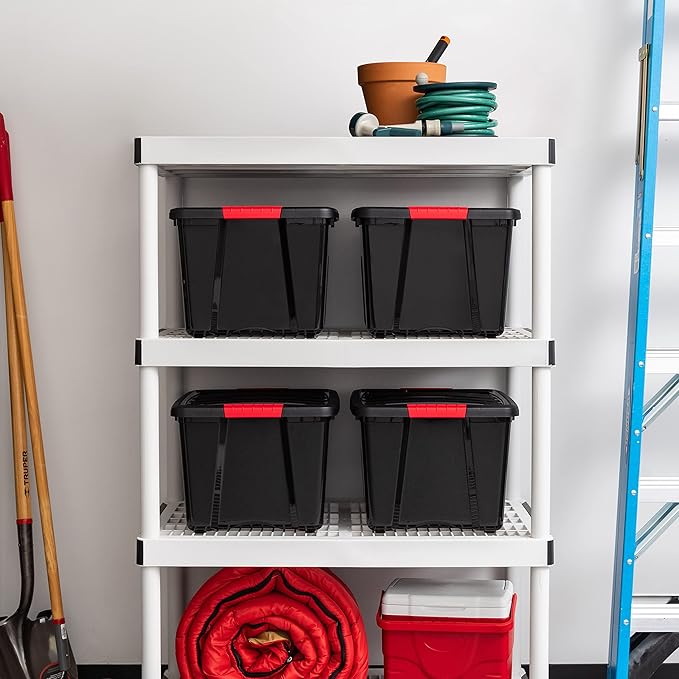IRIS USA 40 Qt Stackable Plastic Storage Bins with Lids, 4 Pack - BPA-Free, Made in USA - Garage Organizing Solution, Latches, Durable Nestable Containers, Secure Pull Handle - Black - Image 3
