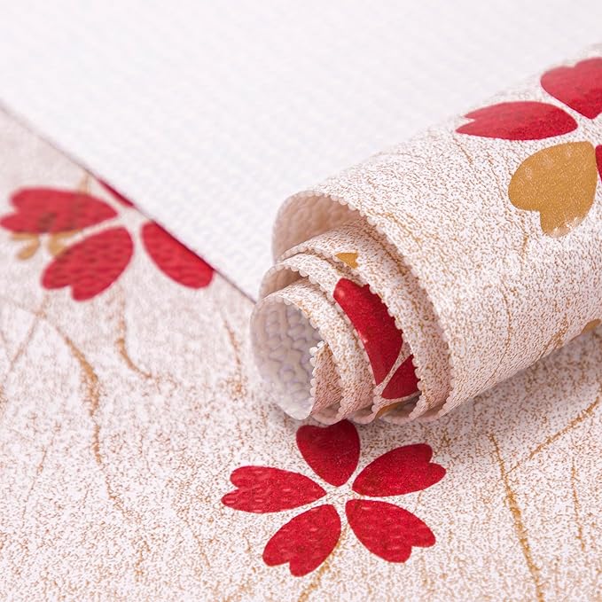 FIFTY FEET 12"x120" Non-Adhesive Shelf Liner for Kitchen Cabinets and Drawers, Washable Non-Slip PVC Cabinet Liner (Red Floral)(4 Roll) by FIFTYFEET