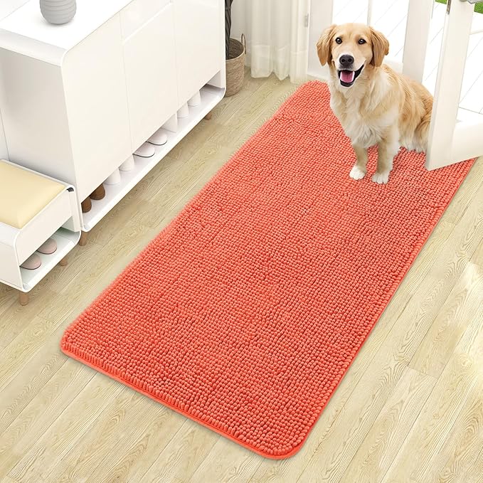 OLANLY Dog Door Mat for Muddy Paws 44x24, Absorbs Moisture and Dirt, Absorbent Non-Slip Washable Doormat, Quick Dry Chenille Mud Mat for Dogs, Entry Indoor Entryway Carpet for Inside Floor, Coral by OLANLY