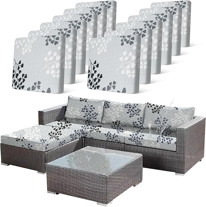12Pcs Outdoor Stretch Cushion Covers,Waterproof Outdoor Chair Floral Cushion Covers for Patio Furniture, Washable Floral Couch Covers Replacement for Patio Furniture（Blue Grey） by CALBODE