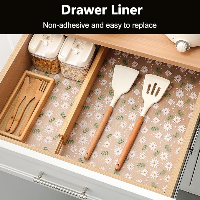INNOLITES Shelf Liner for Cabinets, 11.8" x 236" Non-Adhesive for Kitchen Drawer Liner, Waterproof Shelf Paper with Floral Pattern, Durable Easy to Clean (Green Daisy) - Image 2