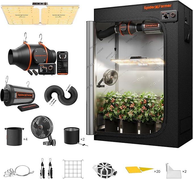Spider Farmer Grow Tent Complete System 4x2 SF-2000 LED Grow Light with Samsung LM301H EVO Diodes & Dimmable Lights 47" x 24" x 71" Grow Tent 4 Inch Inline Fan Filter with GGS Smart Controller by SpiderFarmer