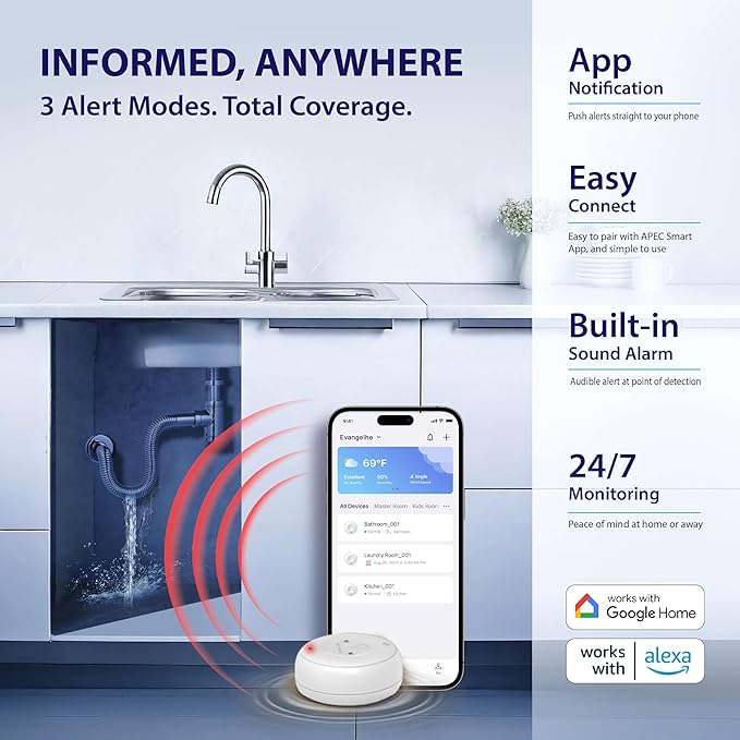 APEC WATER WiFi Water Leak Detector for Home, App Connected get Real-Time Alerts, Highly Reliable Dual Sensor Wet Moisture Detection (1PK) - Image 3