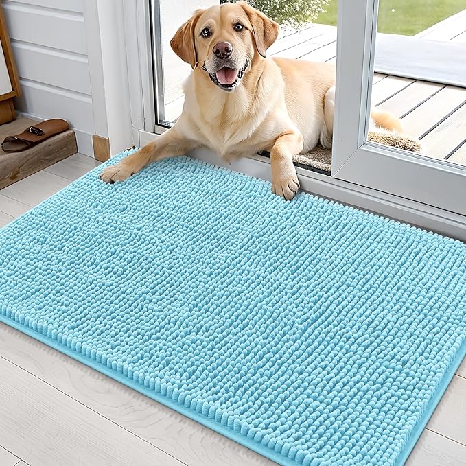 OLANLY Dog Door Mat for Muddy Paws 36x24, Absorbs Moisture and Dirt, Absorbent Non-Slip Washable Doormat, Quick Dry Chenille Mud Mat for Dogs, Entry Indoor Entryway Carpet for Inside Floor, Blue by OLANLY