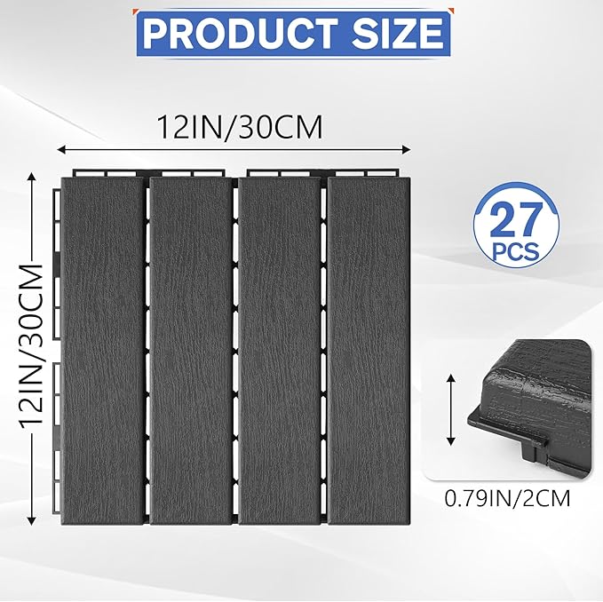 MYFAMIREA 27 Pcs Plastic Interlocking Deck Tiles 12" x 12" Patio Floor Decking Tiles Indoor Outdoor Waterproof Non-Slip Flooring Tile All Weather Use for Balcony Backyard Porch Poolside, Dark Grey - Image 2