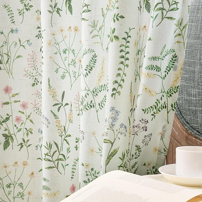 jinchan Floral Linen Blend Curtains for Living Room 63 Inch Length French Country Farmhouse Printed Curtains Sage Green on White Rod Pocket Back Tab Light Filtering Window Drapes 2 Panels - Image 2