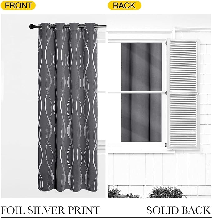NICETOWN Grey Blackout Floral Pattern Curtains for Living Room 84 inch Long 2 Panels Set, Noise Reducing Thermal Insulated Wave Line Foil Print Bedroom Drapes for Patio Sliding Glass Door (52 x 84) - Image 6