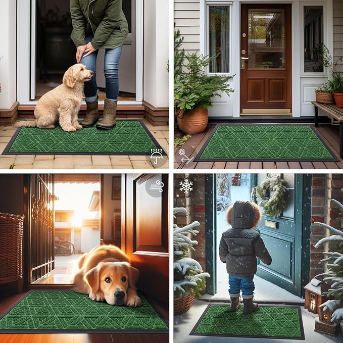 Smiry Front Door Mat Outside Entrance, Heavy Duty Sturdy Natural Rubber Doormat, Trap Dirt and Moisture, Easy Clean Low Profile Mats for Indoor Outdoor Entry, Grid Geometric (35x23, Green) - Image 7