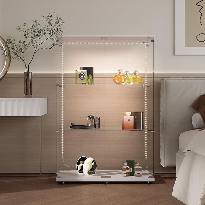 Yoluckea 3 Tiers Glass Display Cabinet with Bluetooth LED Light Strip, 2 Doors Floor Standing Curio Cabinet with Universal Wheel for Home, White Glass Bookshelf for Collections, Clear Top - Image 8