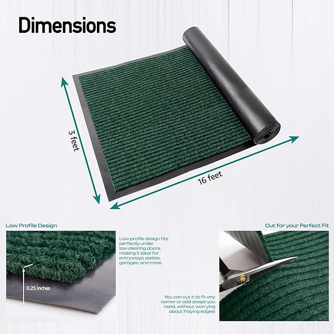 Durable Rubber Door Mat - Heavy Duty, Indoor/Outdoor, Easy Clean, Waterproof, Low-Profile Mat for Entry, Patio, Garage - Stylish (Green, 16' x 3' (Mud Trapper)) - Image 2