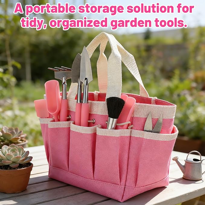 44pcs Small Gardening Tools Gifts for Women Beginners - Garden Hand Tools Set for Indoor Succulent Bonsai Plants Transplanting, Included Bag/Repotting Mat/Shovel/Labels, Pink - Image 3