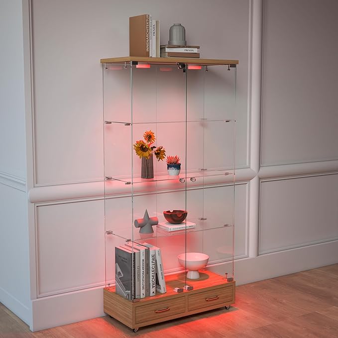 Yoluckea 4-Tier Glass Display Cabinet with LED Lighting and 2 Drawers, 2-Door Floor Standing Curio Cabinet with Wheel for Home, Office, Corner Display,Natural Glass Bookshelf for Collections and Decor - Image 8