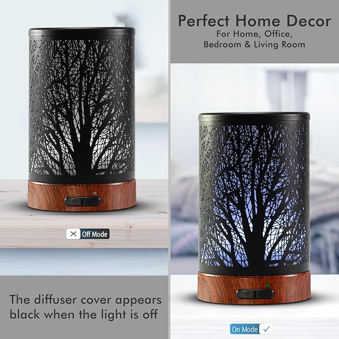 EQUSUPRO Essential Oil Diffuser 150ml Black Metal Aromatherapy Oil Diffuser Ultrasonic Cool Mist Diffuser with Auto Shut-Off Protection,7 Colors Changed LED for Home Office SPA Yoga (A-Tree) - Image 2
