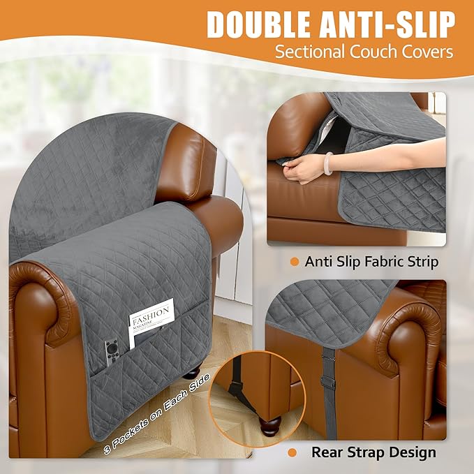 Arfntevss Waterproof Sectional Couch Covers L Shape Washable Velvet Sofa Cover for Sectional Non Slip Large Corner Slipcovers Dog 6 Pcs Universal U Shaped Furniture Protector (Dark Grey, Large) - Image 4