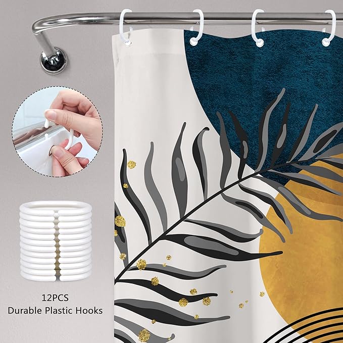 Navy Blue Boho Shower Curtain 60Wx72H Modern Bohemian Mid Century Abstract Gold Leaves Minimalist Geometric Plant Bathroom Decor Neutral Botanical Bath Curtain Fabric Polyester 12 Pack Hooks - Image 6