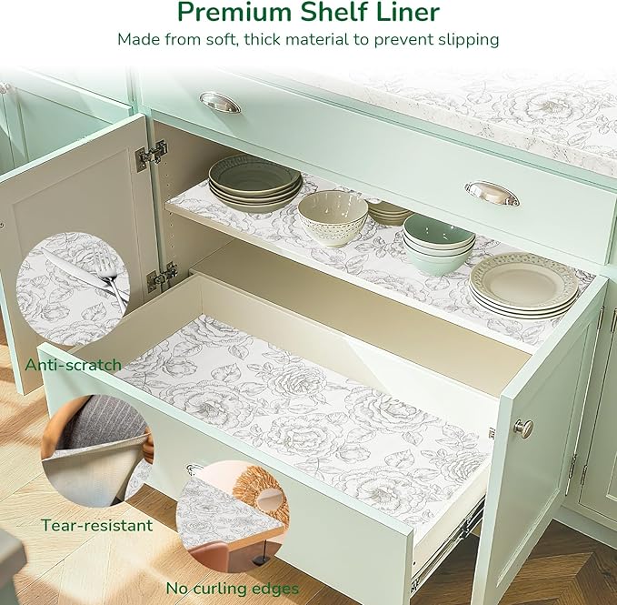 Floral Drawer and Shelf Liner for Kitchen, Non-Slip Non-Adhesive Cabinet Liners for Cupboard, Dresser, Shelves, Tool Box, Pantry, Thickened Easy Install, Strong Grip, 17.5In x 20FT, Rose - Image 6