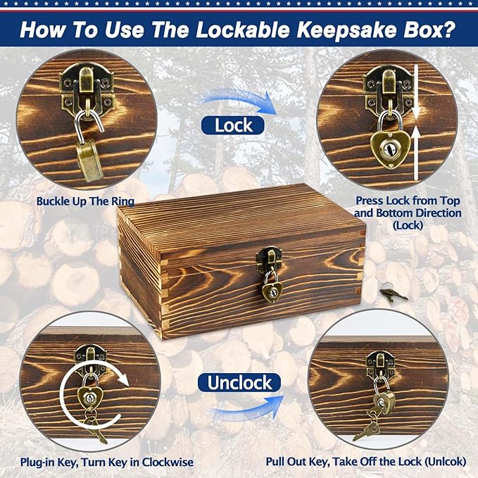 Wooden Box with Lock and Keys Hinged Lid Treasure Chest Memory Hobby Preservation Rustic Decorative Archival Organizer Jewelry Gadget Trinkets Keepsake Wood Storage Boxes 2 Pack Smokey Color - Image 6