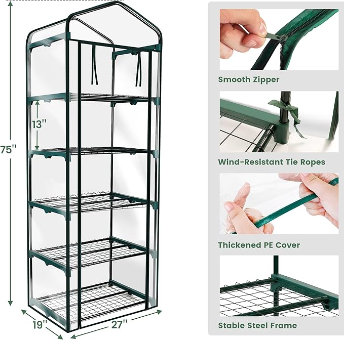Worth Garden 5 Tier Mini Greenhouse - 75'' H x 27'' L x 19'' W - Sturdy Portable Gardening Shelves with PVC Cover - Small Porch Green House for Growing Plants Flowers Indoor & Outdoor - Image 6