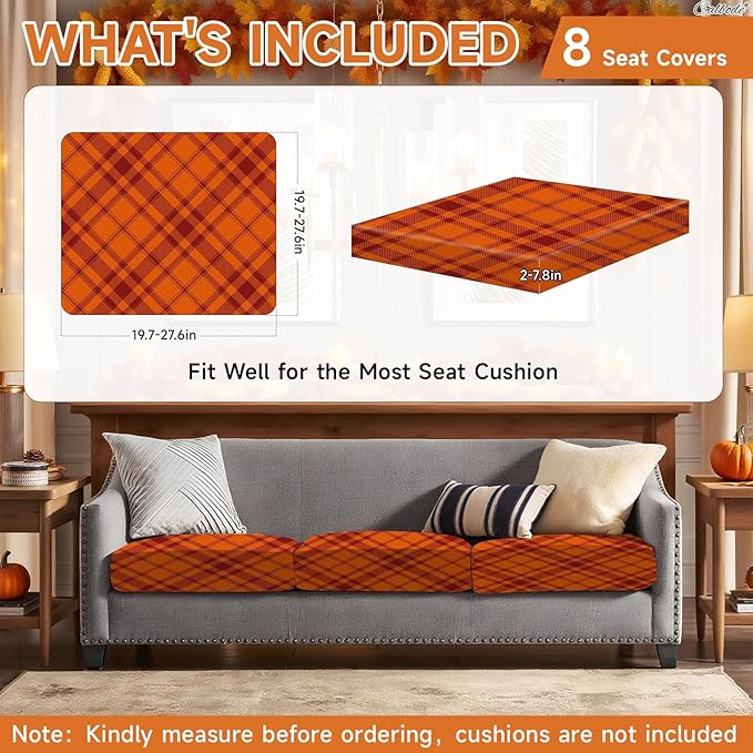 8Pcs Stretch Cushion Covers Outdoor Cushion Cover Replacement Slipcovers Grid Chair Seat Covers for Indoor Patio Furniture Protector(Orange Plaid, CoverOnly) - Image 2