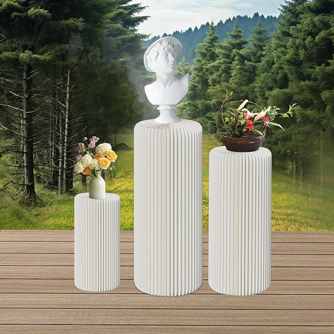 Cylinder Stands for Party Roman Pillar Stand Flower Cake Pedestal Stands for Parties Wedding Baby Shower Birthday Decor, Foldable Cardboard Centerpiece Round Pillars Dessert Stands Display, Reusable (Set of 3-16x23/31/39 inches) - Image 6