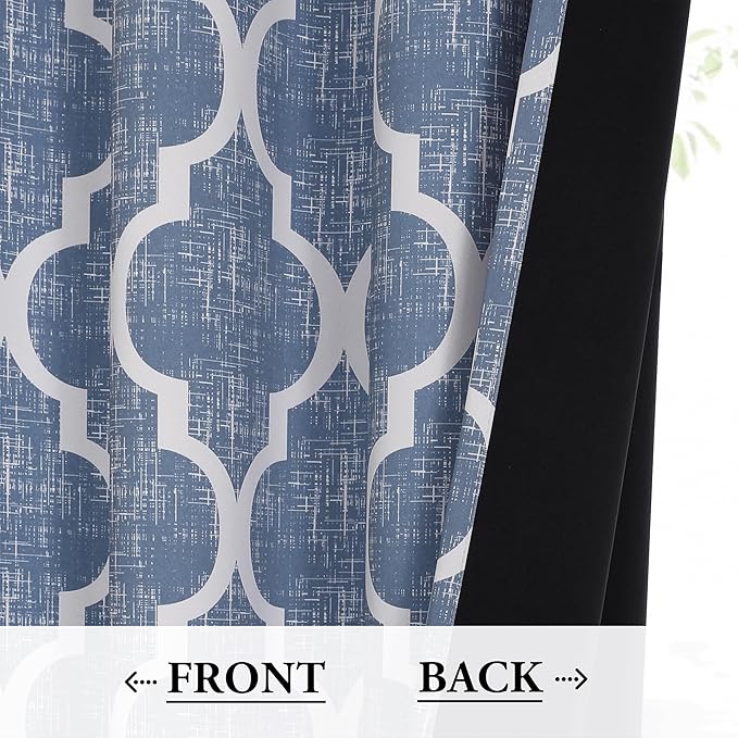 Beauoop 100% Blackout Curtains 45 Inches Long 2 Panels for Bedroom Living Room Blue Moroccan Geo Room Darkening Thermal Insulated Soundproof Grommet Top Window Treatments Drapes, 50x45 Set of 2 - Image 3