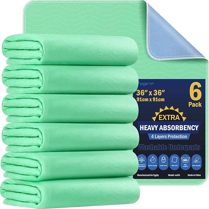 6 Pack 36” x 36” Extra Heavy Absorbency Washable Underpads, Waterproof Quick Drying Nursing Pads Incontinence Bed Pads, Reusable Washable Pee Pads for Dogs, Diaper Changing & Adults by Fygrip