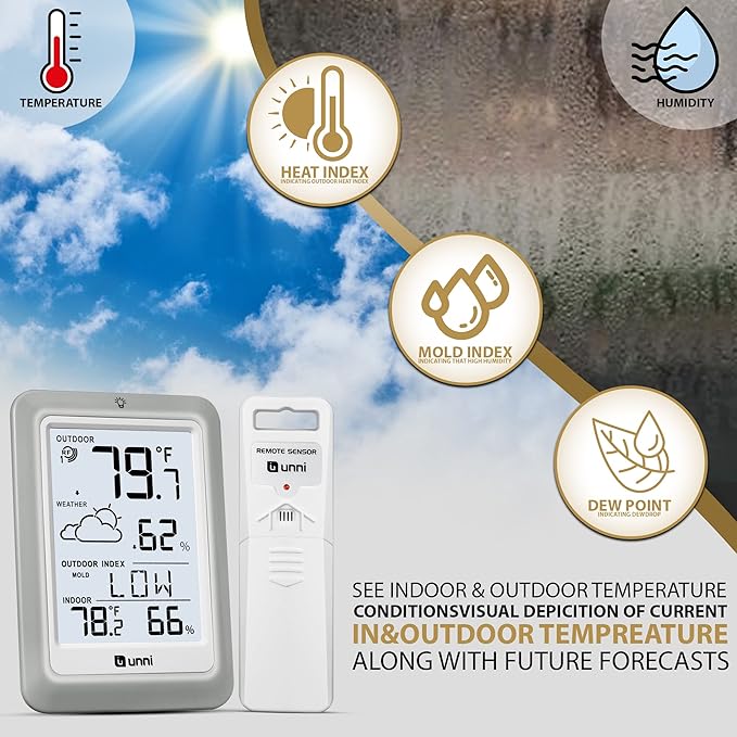 Indoor Outdoor Thermometer Hygrometer Wireless Weather Station, Temperature Humidity Monitor Battery Powered Inside Outside Thermometers with 330ft Range Remote Sensor and Backlight Display - Image 3