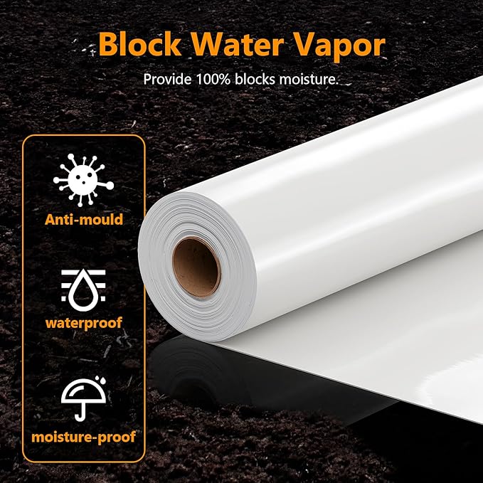 Crawl Space Vapor Barrier, 16 Mil Vapor Barrier, 10'x100', White Plastic Sheeting - Thick Plastic Sheeting, Heavy Duty Polyethylene Film, Drop Cloth Vapor Barrier Covering for Crawl Space, Basement - Image 5