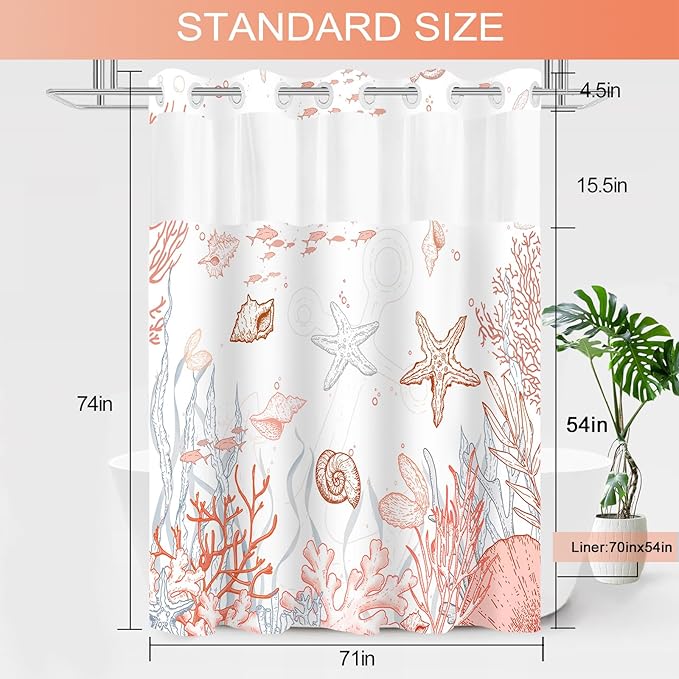 No Hook Shower Curtain with Snap in Liner, Beach Ocean Nautical Coastal Shower Curtains and Liner Set for Bathroom, Seashell Hotel Fabric Bath Curtain, Waterproof Washable, Coral 71" x 74" - Image 6