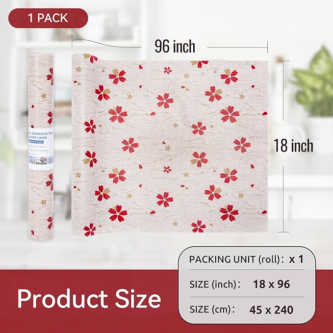 FIFTY FEET 18"x96" Non-Adhesive Shelf Liner for Kitchen Cabinets and Drawers, Washable Non-Slip PVC Cabinet Liner (Red Floral)(1 Roll) - Image 5