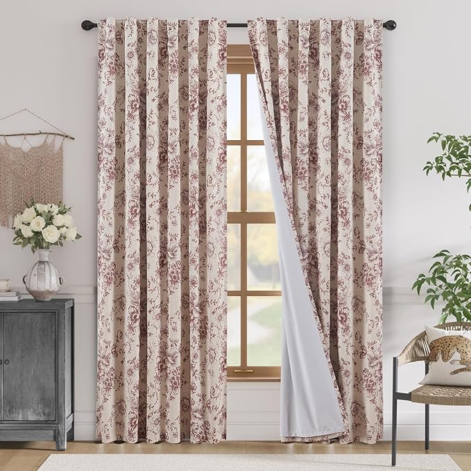 jinchan Blackout Floral Curtains Linen Blend Curtain for Living Room 90 Inch Length Farmhouse Brick Red Flower Printed Drapes for Bedroom Rod Pocket Back Tab Curtains Set 2 Panels by JINCHAN
