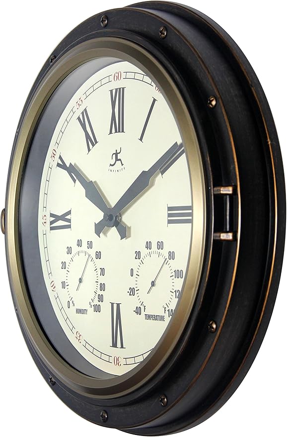 Infinity Instruments Forecaster Indoor/Outdoor Wall Clock, Thermometer, Hygrometer combo, Stylish Durable Waterproof Weather Station for your Home, 16 Inch, Bronze - Image 6