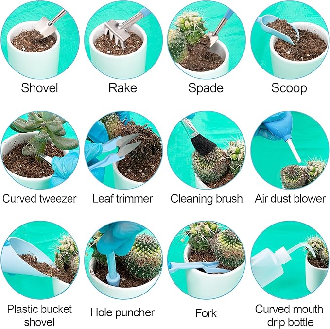 20pcs Small Gardening Tools Gifts for Women Beginners - Garden Hand Tools Set for Indoor Succulent Bonsai Plants Transplanting, Included 39.4" Plant Repotting Mat/Miniature Shovel/Labels, Blue - Image 7