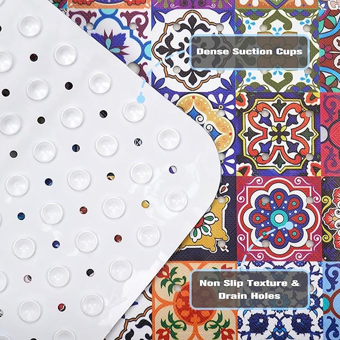 Boho Bathtub Mat Non Slip, Vintage Bath Tub Mat Baby Bath Mats for Bathroom Anti Slip Shower Mats for Inside Shower, Colorful Floral Bathmat with Suction and Drain Holes Machine Washable, 40″x16″ - Image 3