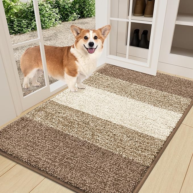 Smiry Dog Door Mat for Muddy Paws, Absorbs Moisture and Dirt, Low-Profile Entryway Mat with Non-Slip Backing, Entry Indoor Outdoor Doormat for Inside Floor (36x24 Inches, Khaki, Striped) by Smiry