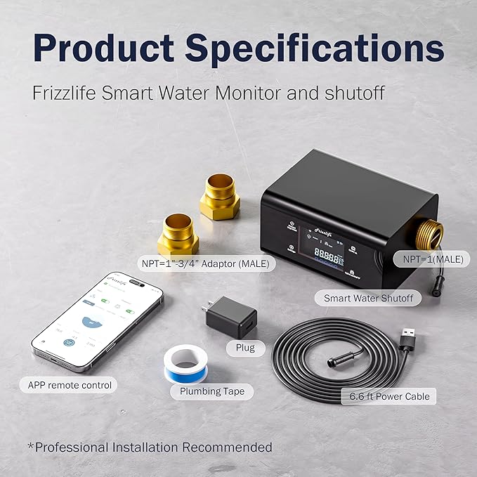 Frizzlife LP365 Smart Water Monitor and Automatic Shutoff - 0.01GPM Ultrasonic Micro Leak Detection, APP Wi-Fi Remote Control, Real-Time Flow/Temp Monitoring, 24/7 Water Usage Reports, 3/4" and 1" - Image 8