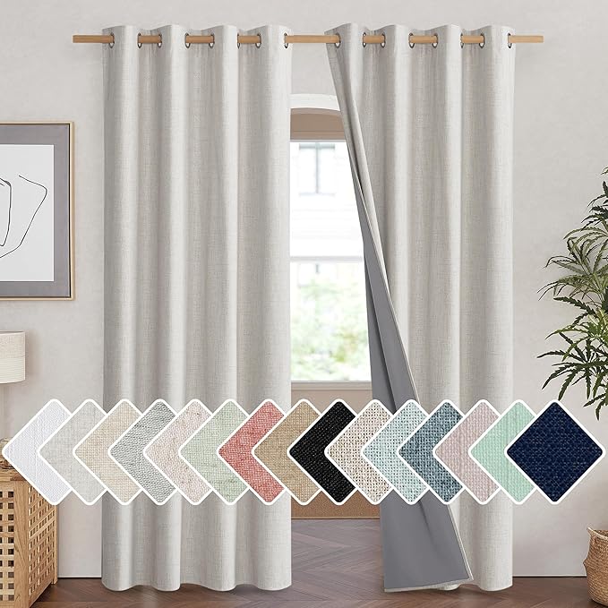 NICETOWN Snowbound Vintage Linen 100% Blackout Curtains for Living Room, Thermal Insulated Curtains 90" Long, Noise Reducing Window Treatment Drapes for Home Cinema, 52" Wide Per Panel, Set of 2 by NICETOWN