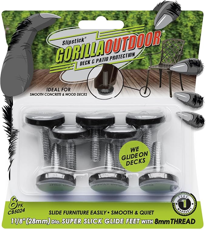 Slipstick Gorilla Outdoor Adjustable Furniture Levelers (8 Pack) Weatherproof Screw in Leg Glides for Chairs, Tables, and Outdoor Furniture Feet, 1-1/8 Inch Slider Glide, M8 Thread by Slipstick