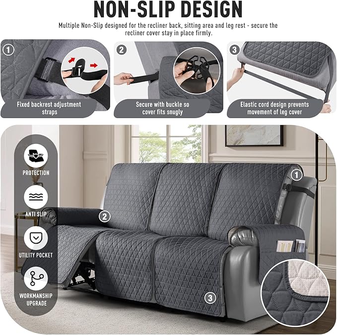 TAOCOCO 100% Waterproof Recliner Cover, Non-Slip Washable Reclining Couch Cover with Elastic Leg Straps, Furniture Protector for Dogs (Charcoal Gray, 3 Seater) - Image 5