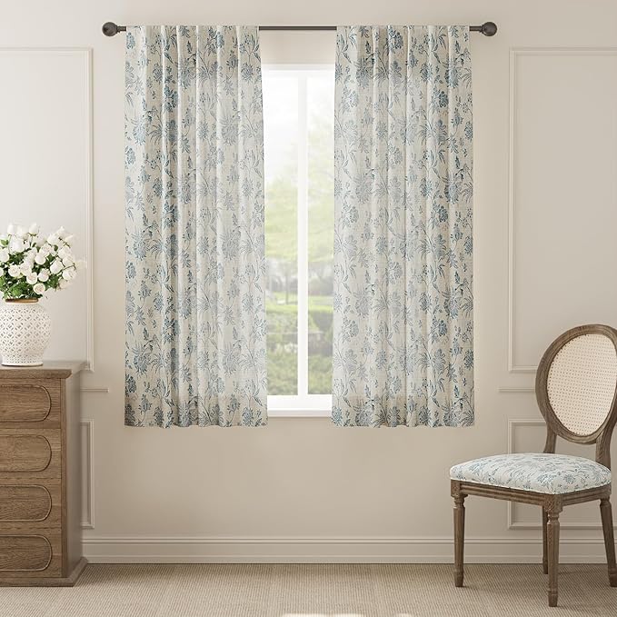 jinchan Linen Floral Curtains for Living Room with Printed Flower 63 Inches Long Light Filtering French Country Back Tab Rod Pocket Blue Window Curtain Set Farmhouse Drapes 2 Panels Blue - Image 2